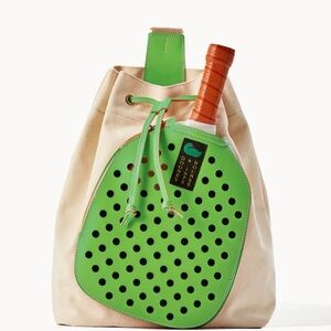 Dooney & Bourke Cream Canvas Drawstring Tote with Green Paddle Pocket